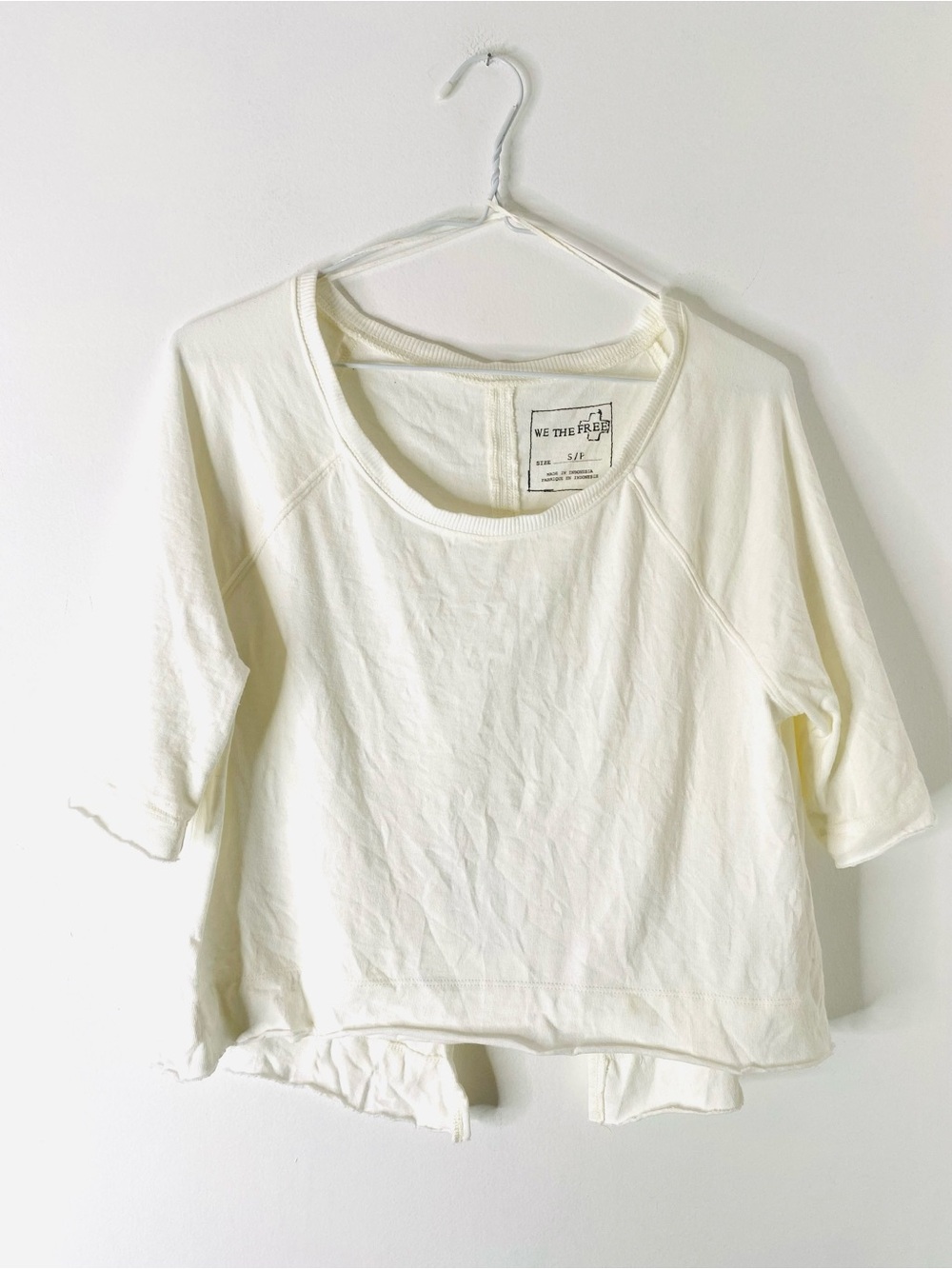 We The Free Oversized White Rib Crew Neck Split Back Tee Double Edge Hem